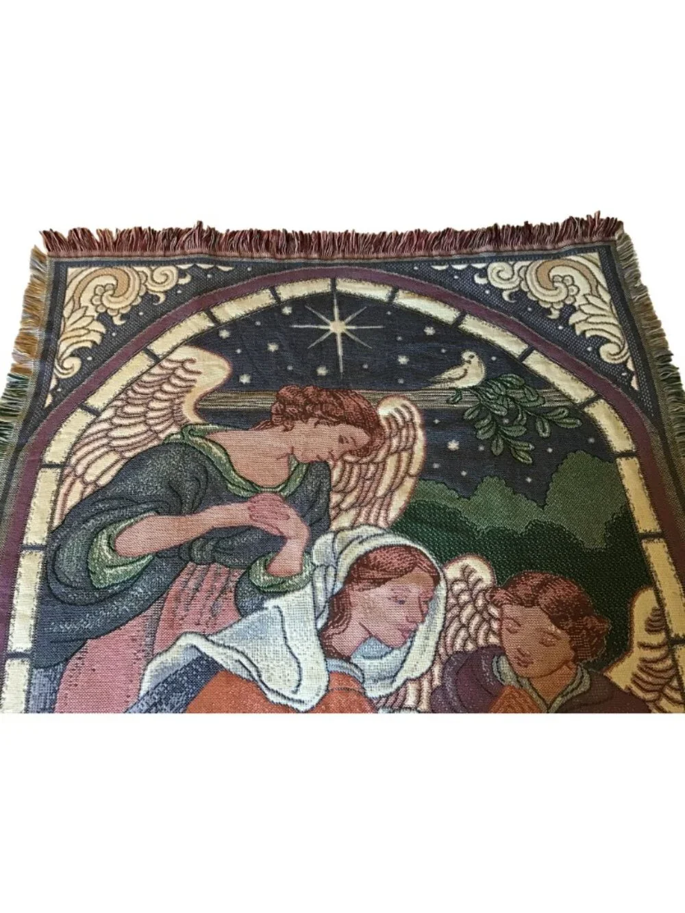 Guardian Angel Woven Tapestry Fringed Edges Vintage Throw Blanket 50 x 62